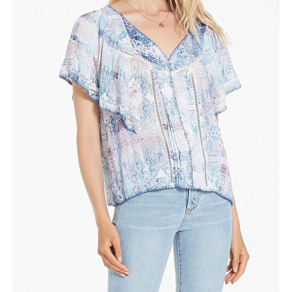 DEAR JOHN DENIM NY LA Petal Sleeve Lilac Breeze Patchwork Short Sleeve Top - Picture 1 of 9